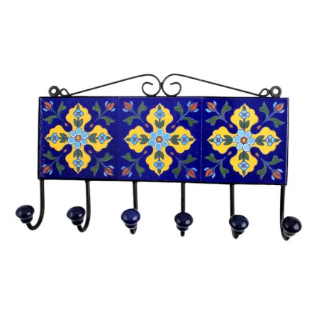 Navy Blue Yellow Floral Tiles Hooks